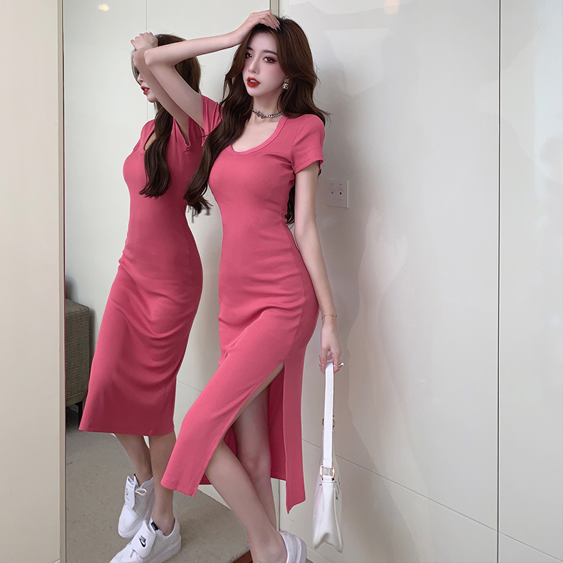 2026 Spring Summer New Pure Desire Style Sexy Low Neckline Brightening Dress Women Elegant Slim Split Hip Wrap Midi Dress - Image 2