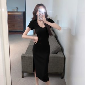 2026 Spring Summer New Pure Desire Style Sexy Low Neckline Brightening Dress Women Elegant Slim Split Hip Wrap Midi Dress