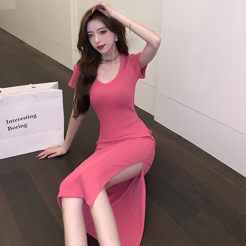 2026 Spring Summer New Pure Desire Style Sexy Low Neckline Brightening Dress Women Elegant Slim Split Hip Wrap Midi Dress - Image 3