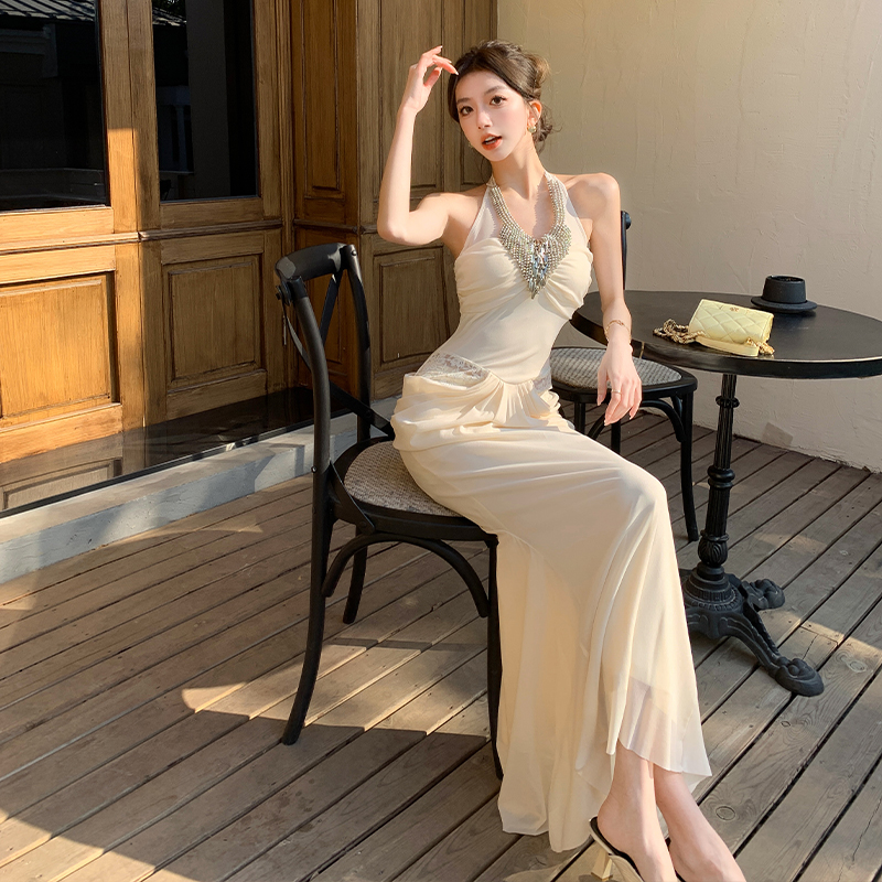 2026 Spring Summer French Beaded Halter Dress Women Formal Long Fishtail Bodycon Dress Resort Style - Image 3