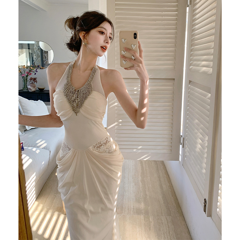 2026 Spring Summer French Beaded Halter Dress Women Formal Long Fishtail Bodycon Dress Resort Style - Image 5