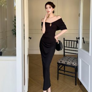 2026 Spring Summer New Black Sexy V-Neck Short Sleeve Dress Women Slimming Bodycon Long Dress