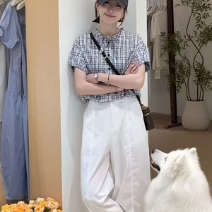 Women's Plaid Shirt and White Pants Two-Piece Set with Doll Collar