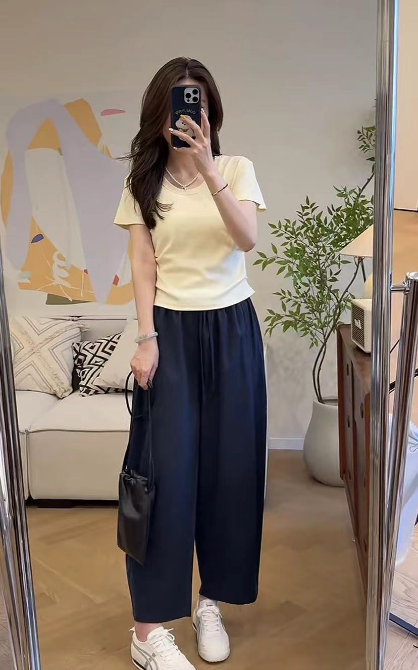 Summer U-Neck Slimming T-Shirt and Balloon Pants Set - Image 3