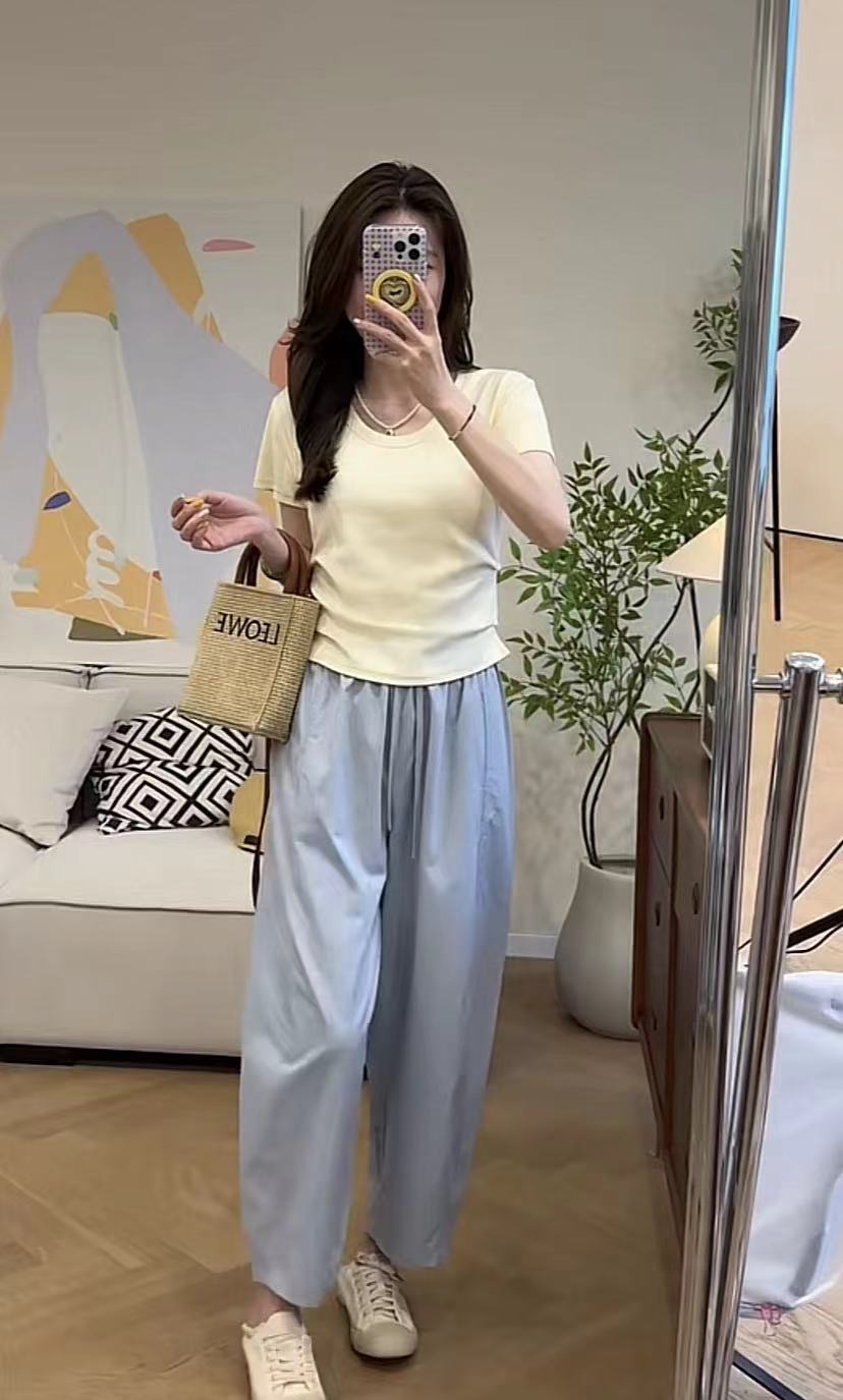 Summer U-Neck Slimming T-Shirt and Balloon Pants Set - Image 2