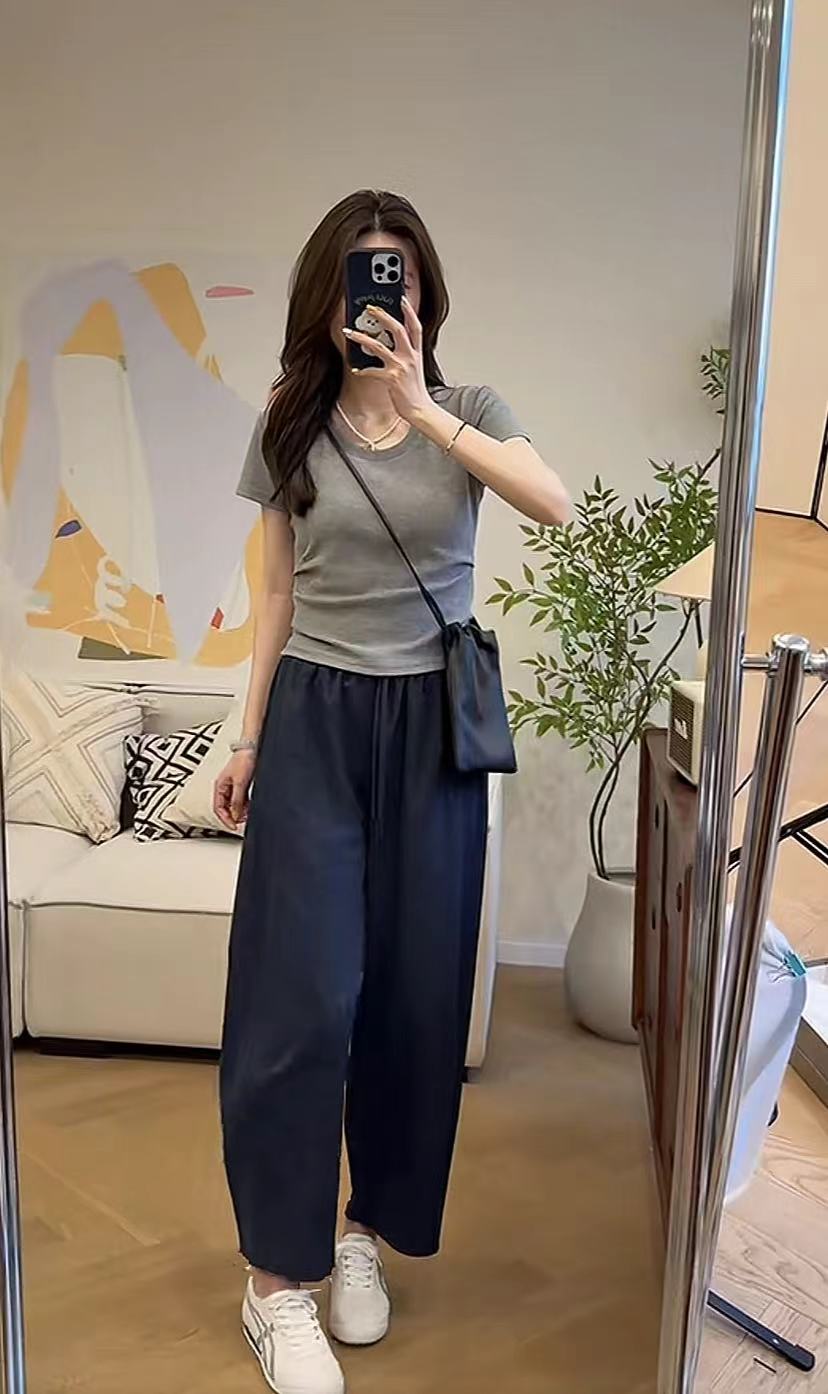Summer U-Neck Slimming T-Shirt and Balloon Pants Set