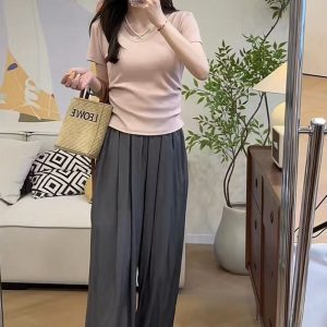 Slimming U-Neck T-Shirt and Wide-Leg Pants Set Summer Fashion