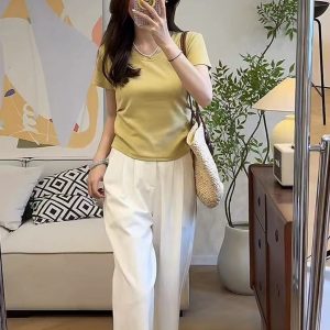 Trending Slimming U-Neck T-Shirt and Lace Wide-Leg Pants Set