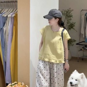 Summer Korean Style Ruffled Woven Shirt and Polka Dot Pants Set