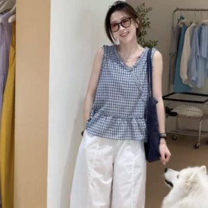 Summer Plaid Sleeveless Top and Wide-Leg Pants Two-Piece Set