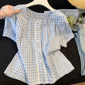 Retro Plaid Short Sleeve Shirt Women Summer 2026 Lace Patchwork Lace-Up Top