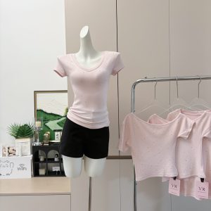 New Off-Shoulder Starry Slim Short-Sleeve Women's Summer V-Neck One-Shoulder Top Pink