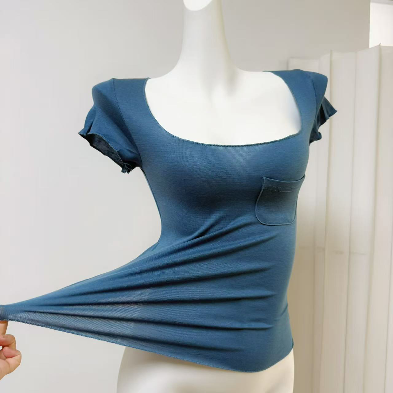 YISHEZ Pocket Tee Original Basic Tee Spring Macaron Tencel Wool High Stretch Slimming U-Neck - Image 2
