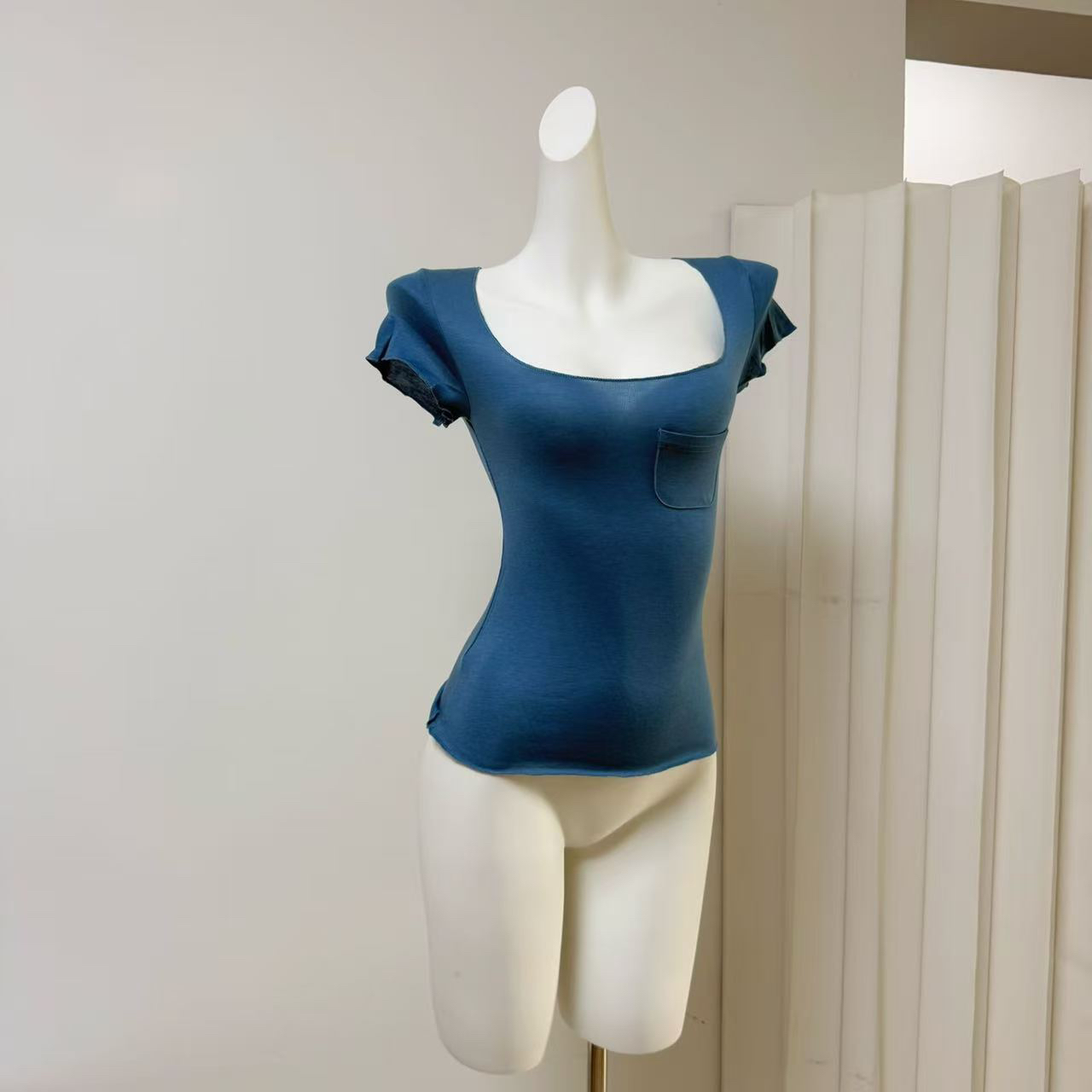 YISHEZ Pocket Tee Original Basic Tee Spring Macaron Tencel Wool High Stretch Slimming U-Neck - Image 3