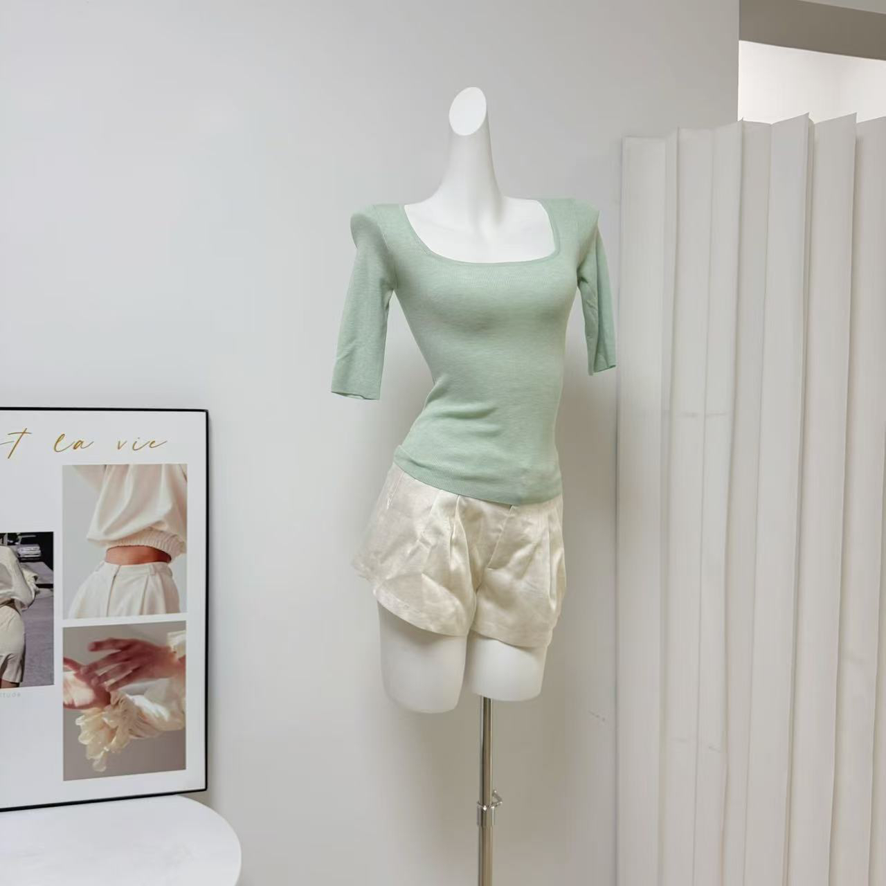 Women's Silk Wool Blend Wide U-Neck Half-Sleeve Knit Top - Image 3