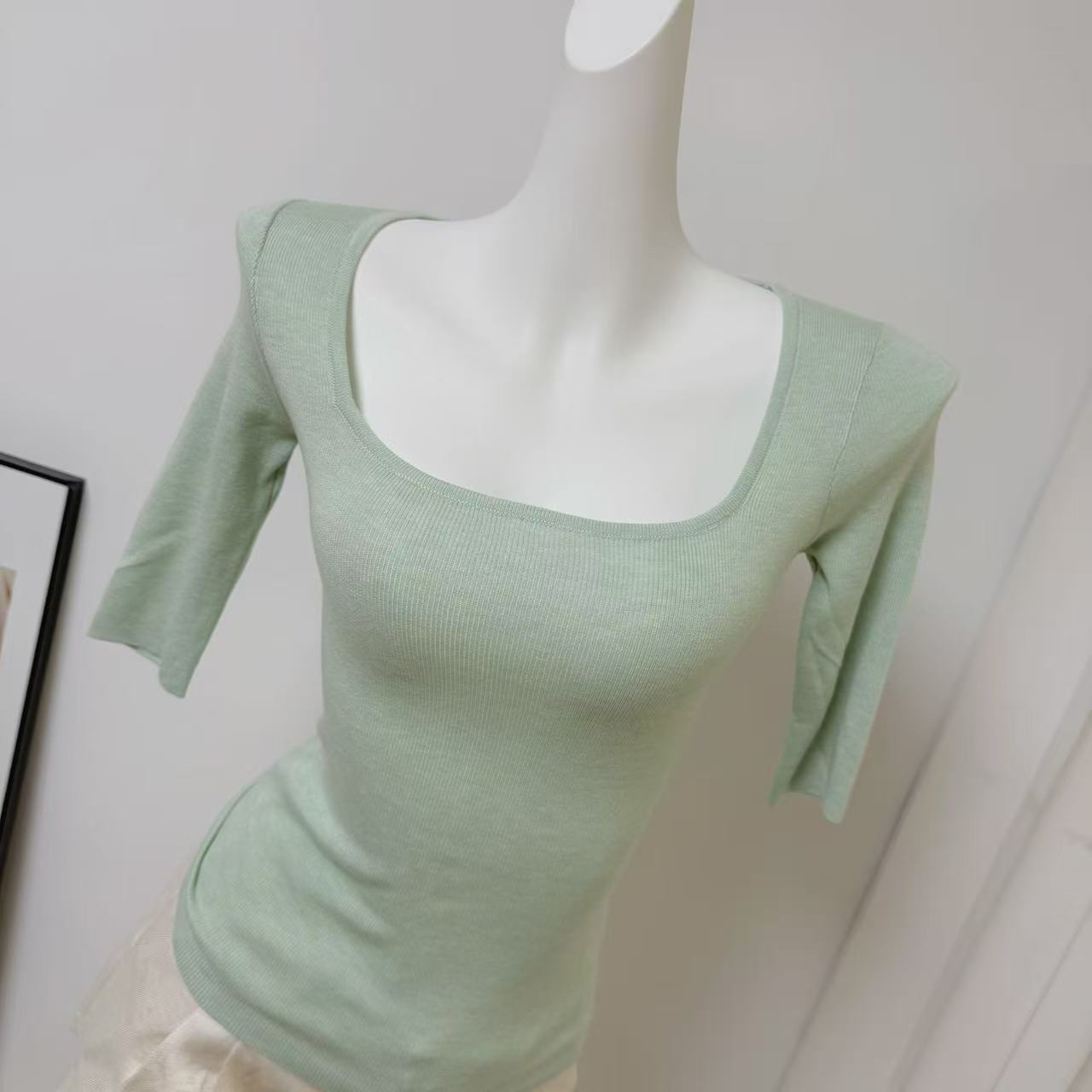 Women's Silk Wool Blend Wide U-Neck Half-Sleeve Knit Top - Image 4