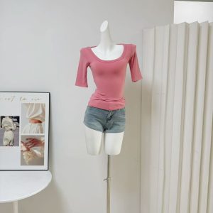 Women's High-Stretch Round Neck Slim Fit Tee with Mid Sleeves