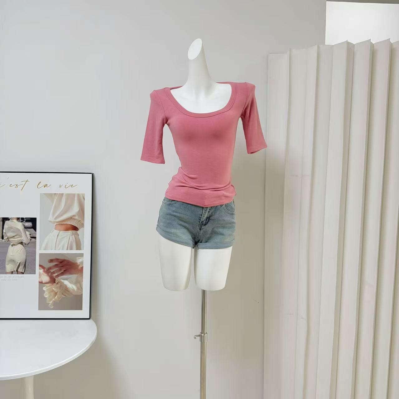 Women's High-Stretch Round Neck Slim Fit Tee with Mid Sleeves