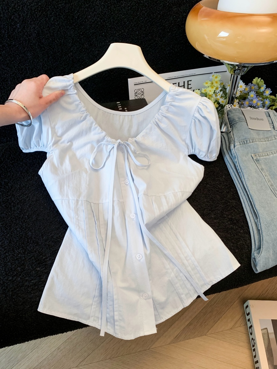 Women's Drawstring Tie Bow Shirt Summer New Age-Reducing Temperament Lace-Up Waist Puff Sleeve Top - Image 3