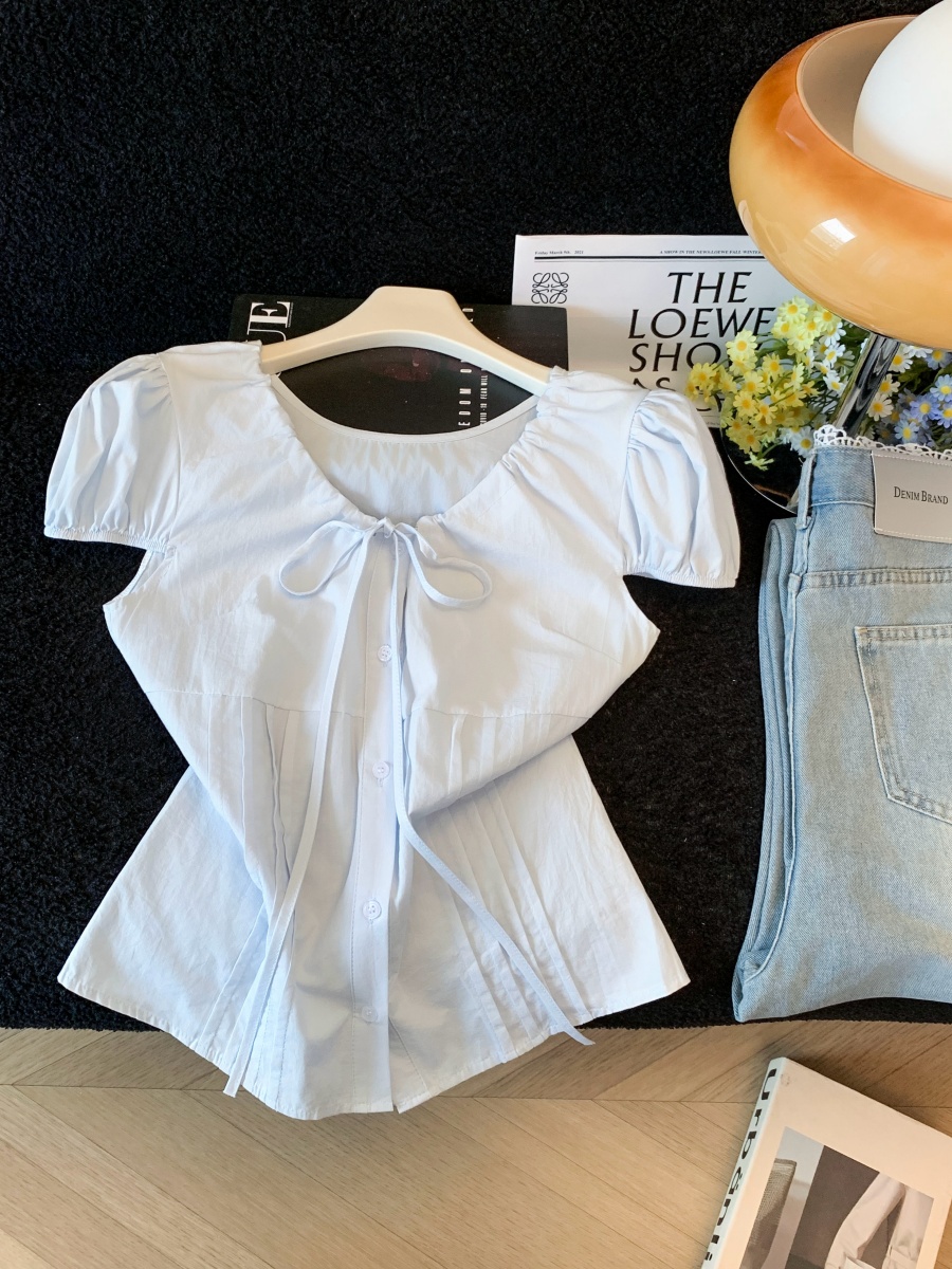 Women's Drawstring Tie Bow Shirt Summer New Age-Reducing Temperament Lace-Up Waist Puff Sleeve Top - Image 4