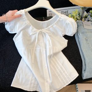 Women's Drawstring Tie Bow Shirt Summer New Age-Reducing Temperament Lace-Up Waist Puff Sleeve Top