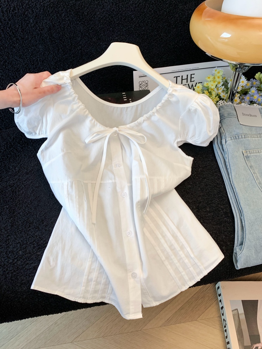 Women's Drawstring Tie Bow Shirt Summer New Age-Reducing Temperament Lace-Up Waist Puff Sleeve Top