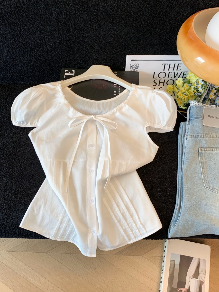 Women's Drawstring Tie Bow Shirt Summer New Age-Reducing Temperament Lace-Up Waist Puff Sleeve Top - Image 2
