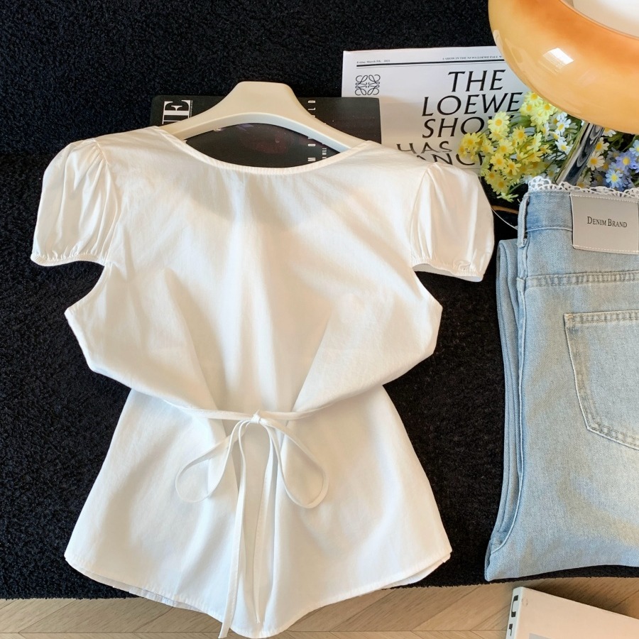 Women's Drawstring Tie Bow Shirt Summer New Age-Reducing Temperament Lace-Up Waist Puff Sleeve Top - Image 5