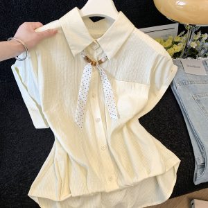 French Polka Dot Tie-Front Polo Collar Short Sleeve Shirt Women Summer 2026 New Commute Blouse White Top - Style 0ba918