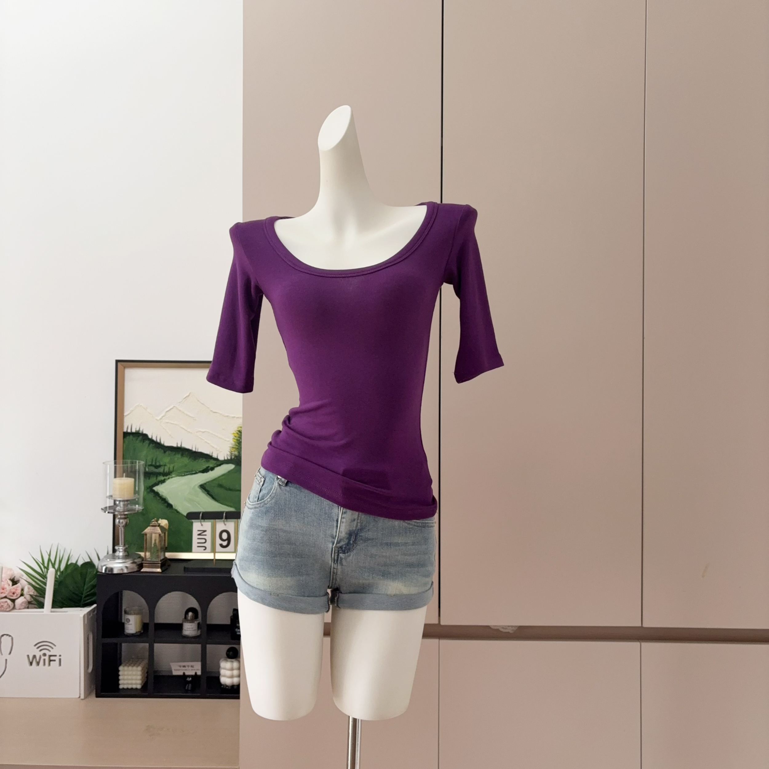 Women's High-Stretch Round Neck Slim Fit Tee with Mid Sleeves - Image 2