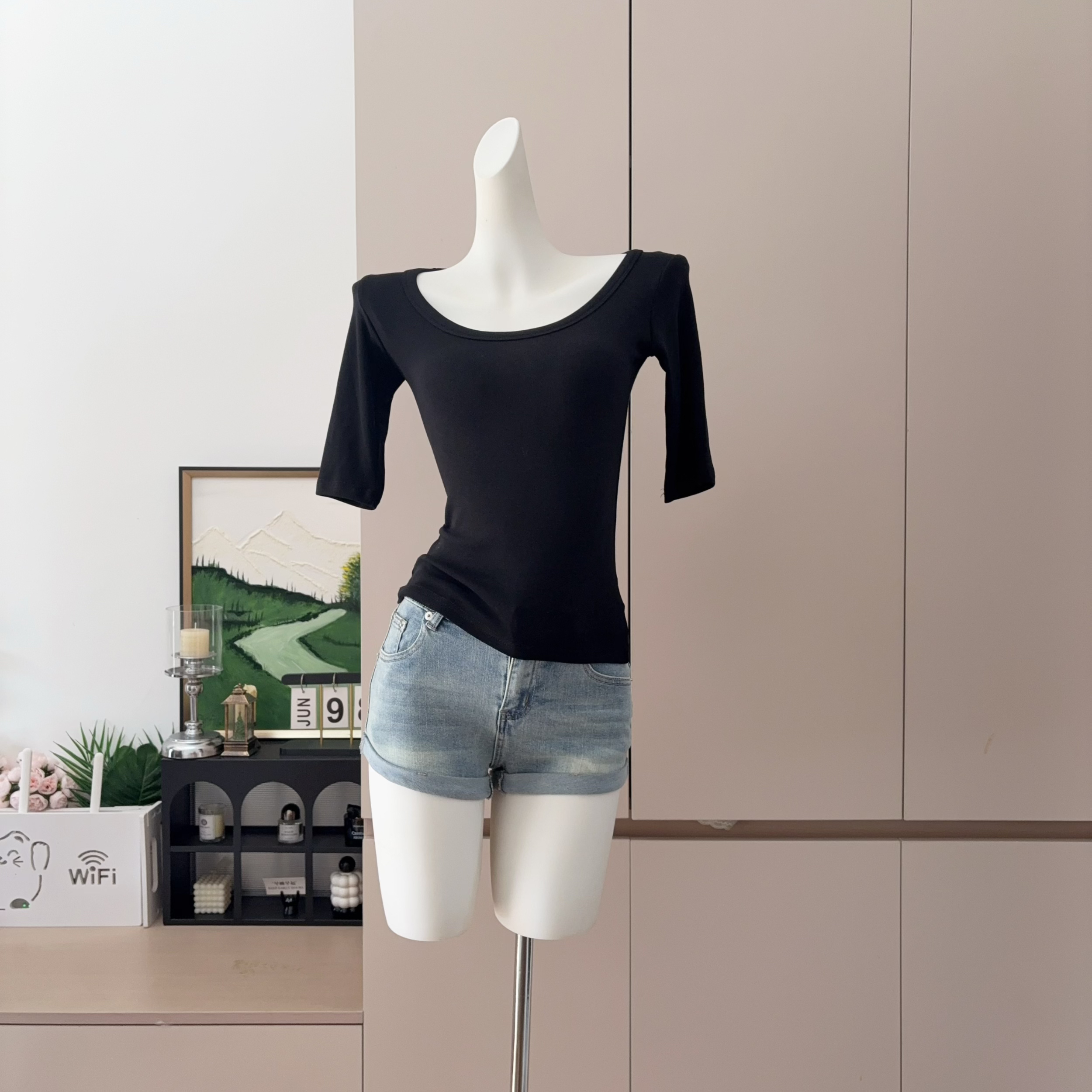 Women's High-Stretch Round Neck Slim Fit Tee with Mid Sleeves - Image 3
