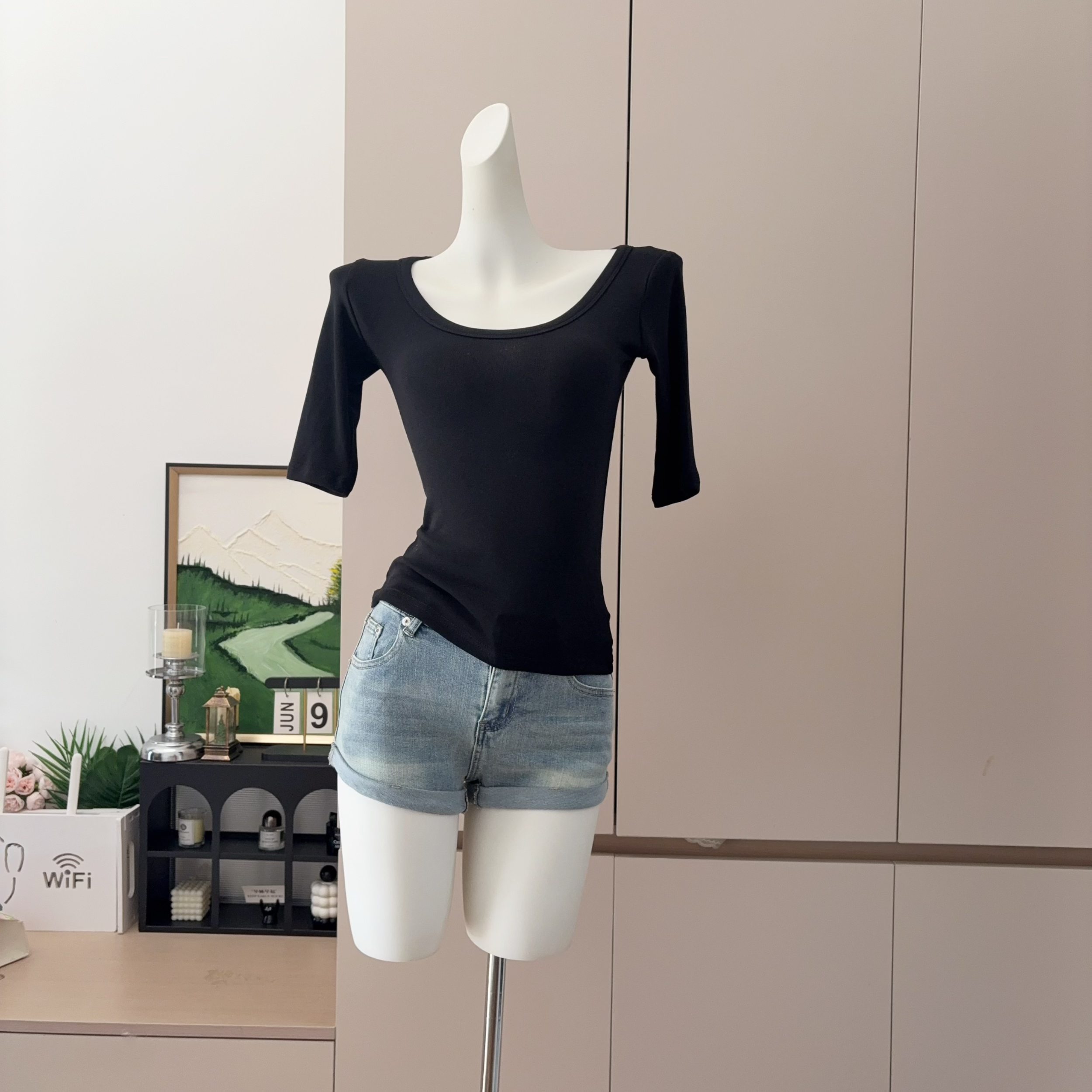 Women's High-Stretch Round Neck Slim Fit Tee with Mid Sleeves - Image 4