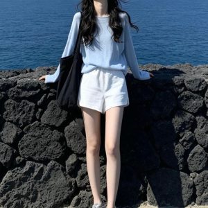 Women's Light Blue Loose Sun Protection Long Sleeve T-Shirt 2026 Summer Korean Chic Top