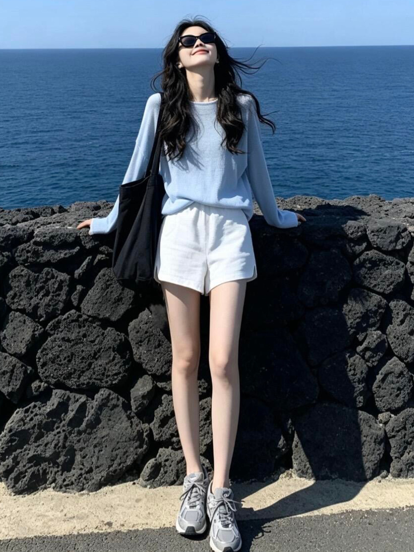 Women's Light Blue Loose Sun Protection Long Sleeve T-Shirt 2026 Summer Korean Chic Top