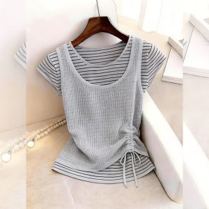 Women's Gray Striped Faux Two-Piece Drawstring Short Sleeve T-Shirt 2026 Summer Korean Style Top
