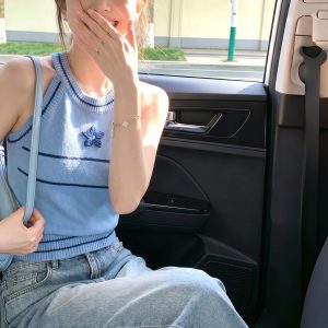 Light Blue Round Neck Fitted Embroidered Cami Vest Women 2026 Summer French Style Chic Top