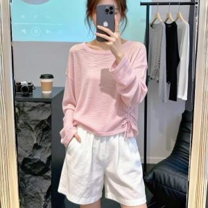 Peach Pink Slim Fit Long Sleeve Round Neck T-Shirt for Women 2026 Summer