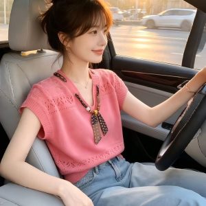 Rose Pink V-Neck Slim Fit Short Sleeve T-Shirt Women 2026 Summer French Style