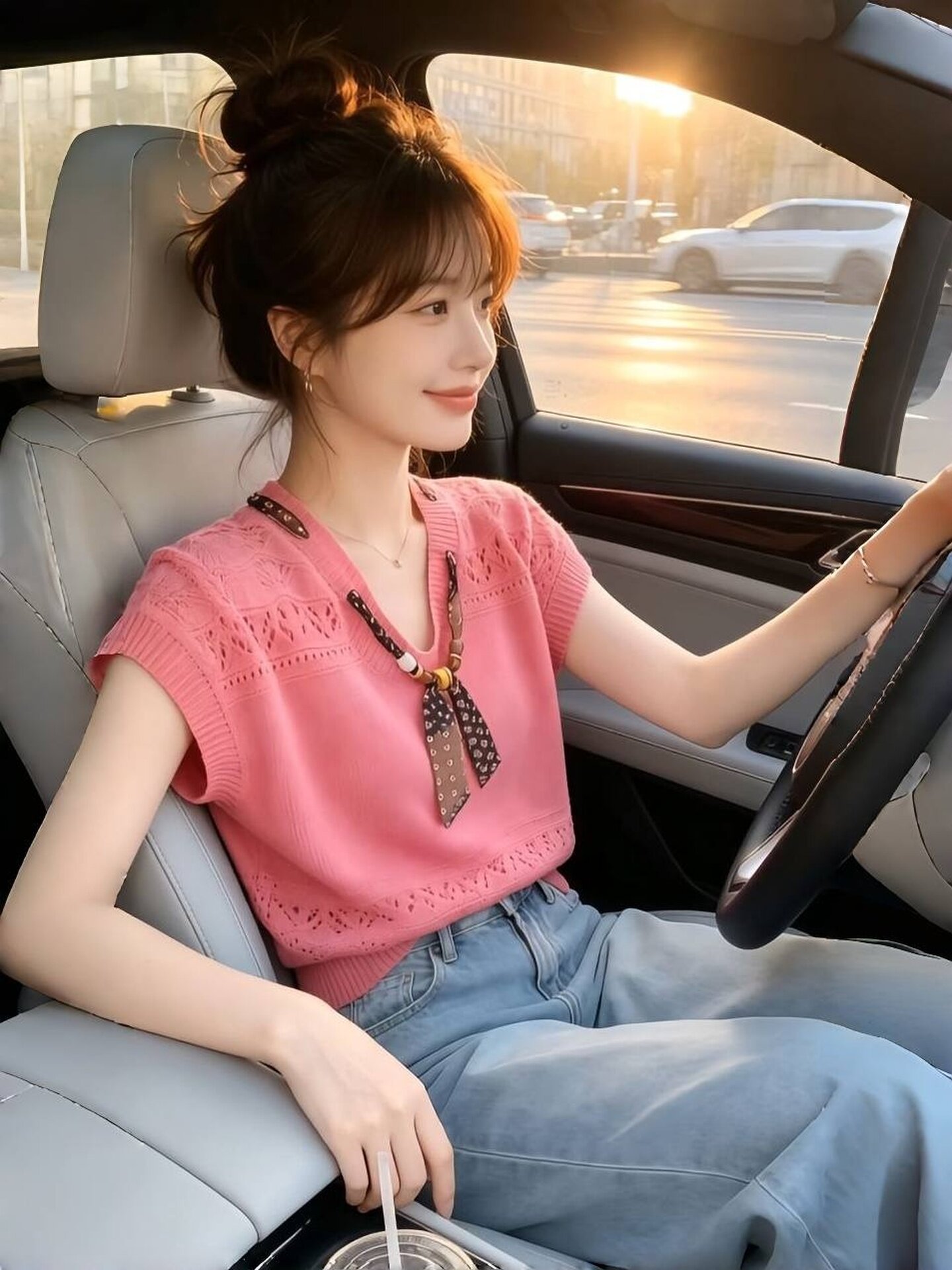 Rose Pink V-Neck Slim Fit Short Sleeve T-Shirt Women 2026 Summer French Style