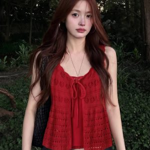 Red Cutout Cardigan and Halter Cami Set for Women 2026 Summer Beach Vacation Top