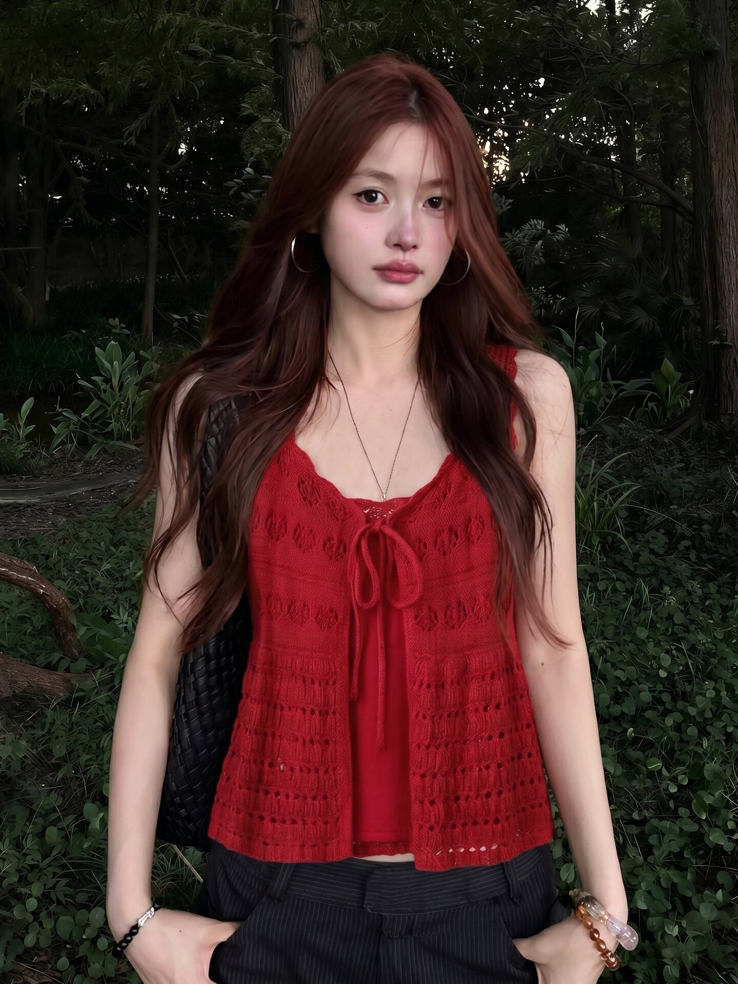 Red Cutout Cardigan and Halter Cami Set for Women 2026 Summer Beach Vacation Top