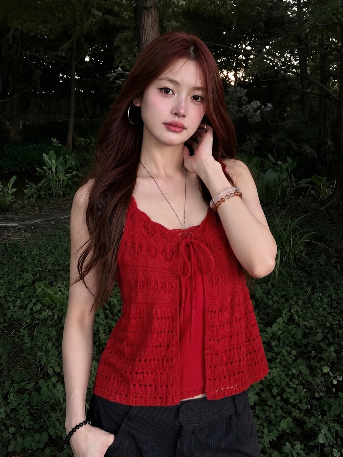 Red Cutout Cardigan and Halter Cami Set for Women 2026 Summer Beach Vacation Top - Image 4