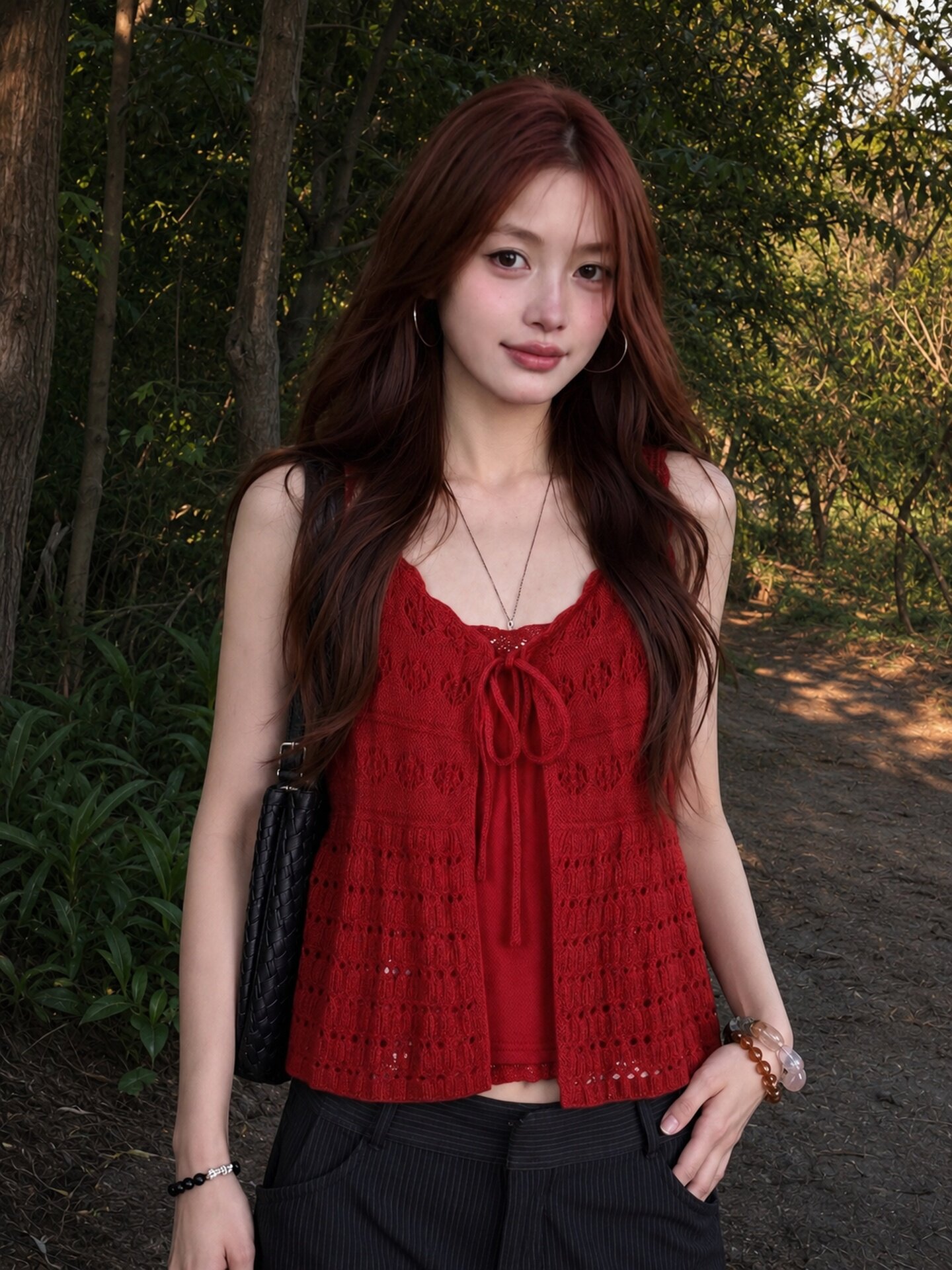 Red Cutout Cardigan and Halter Cami Set for Women 2026 Summer Beach Vacation Top - Image 2