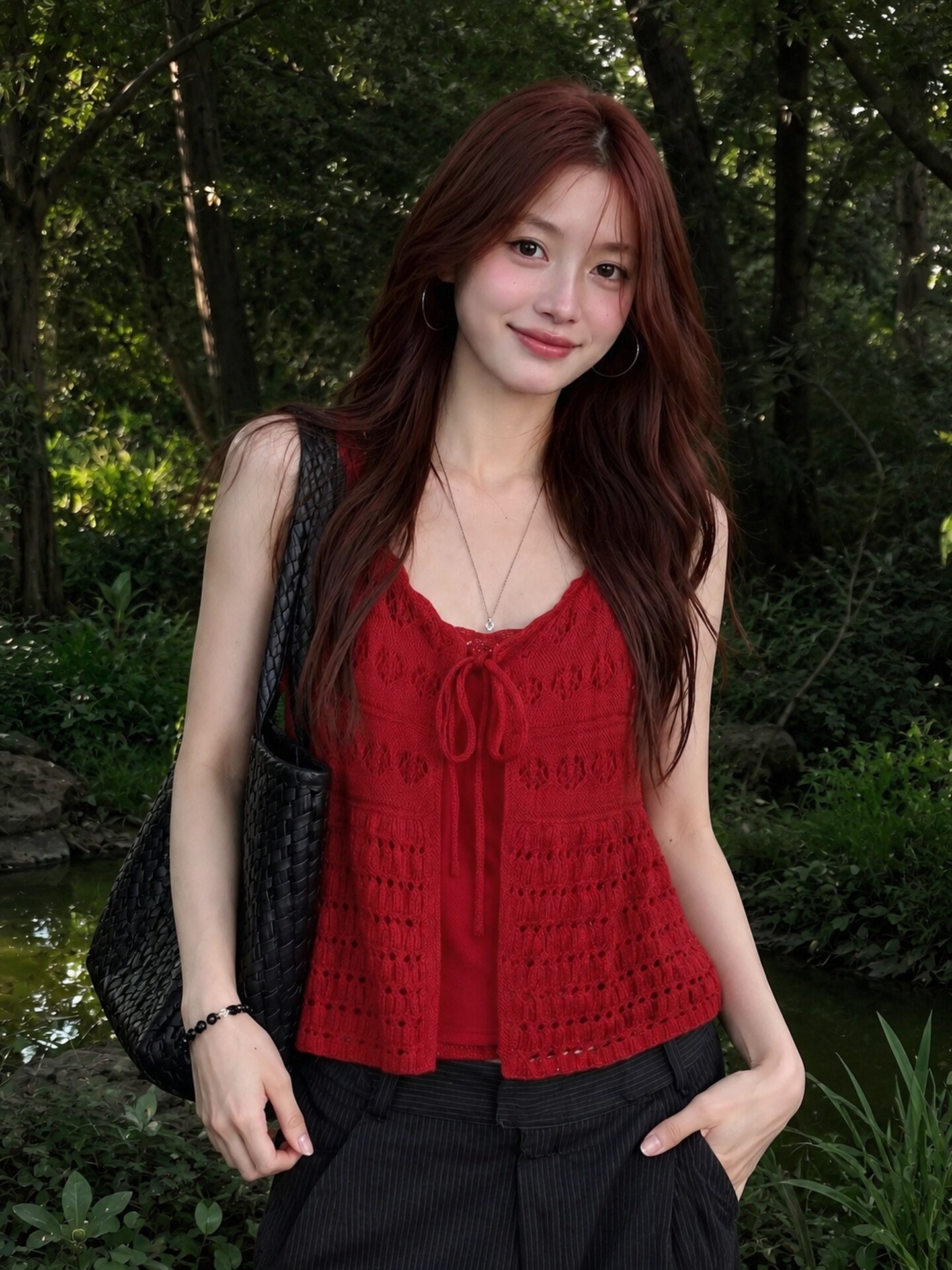 Red Cutout Cardigan and Halter Cami Set for Women 2026 Summer Beach Vacation Top - Image 3