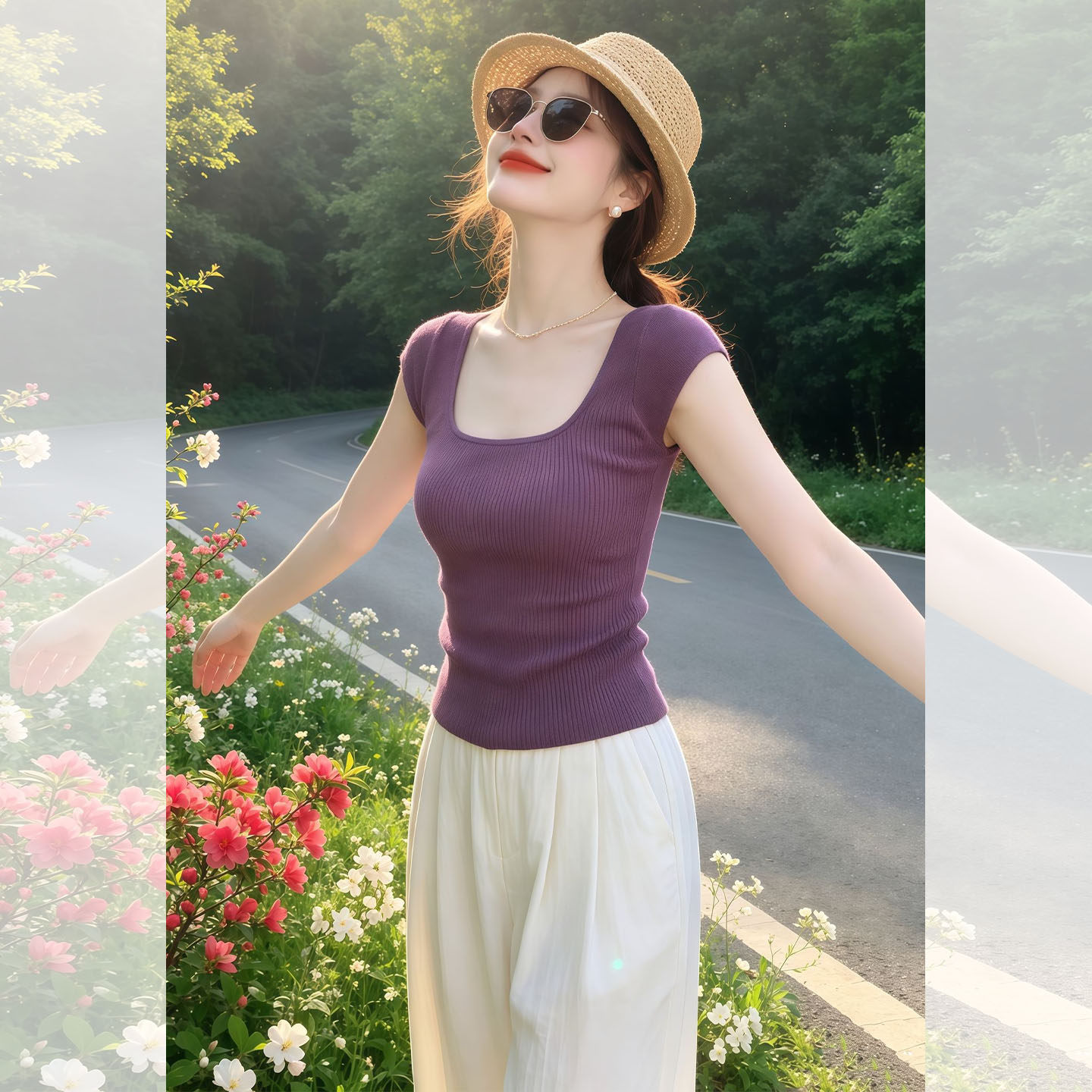 Light Mature Style Purple Slim Short Sleeve T-Shirt Women 2026 Summer Cropped Unique Pretty Top Dopamine Outfit