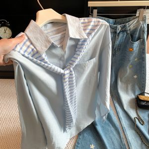 Women's Striped Cape Fake Two-Piece Shirt Early Autumn Commute Loose Fit Long Sleeve