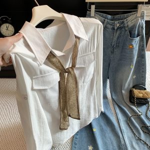 French Style Tie Scarf Polo Collar Long Sleeve Shirt - Style 0c3bd2