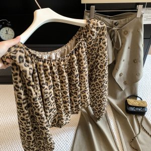 Sexy Leopard Print Off-Shoulder Chiffon Top with Lantern Sleeves