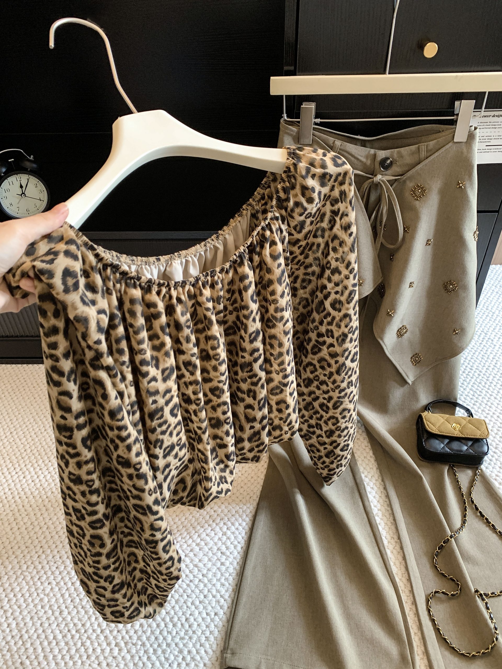 Sexy Leopard Print Off-Shoulder Chiffon Top with Lantern Sleeves