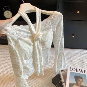 Early Autumn Lace One-Shoulder Long Sleeve Top with Waist Tie